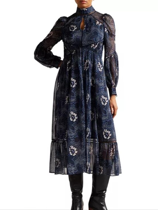 Ted Baker London Dresses & Skirts - Ted Baker London Navy Floral Chiffon Midi Dress High Neck Long Sleeve Size 2